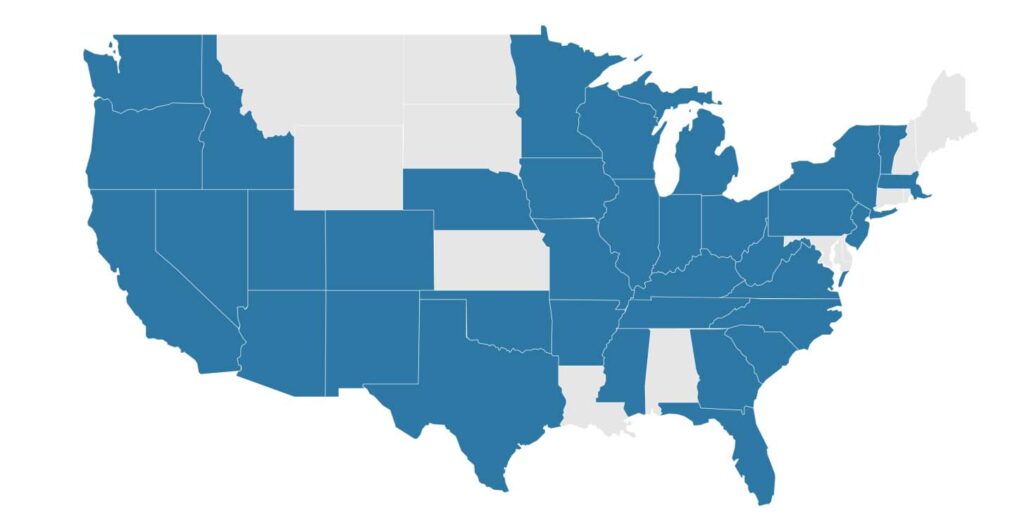 A map showing all of the US states I've visited up until 2025