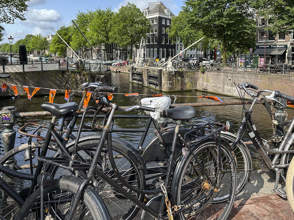 Bicycles parked along the street in central Amsterdam